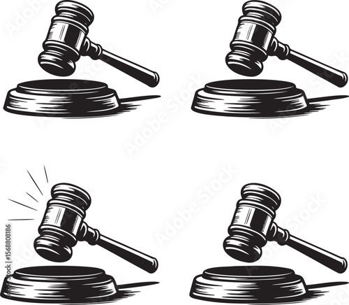 Wooden gavel silhouette set vector illustration isolated On Transparent Background