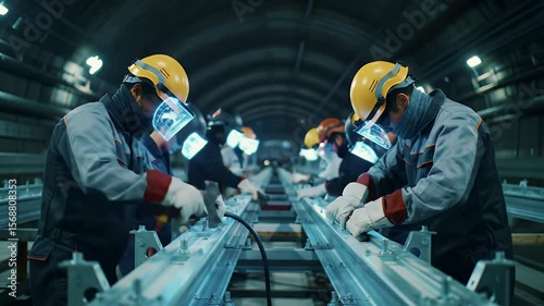 Industrial Workers Assembling Metal Structure in Tunnel