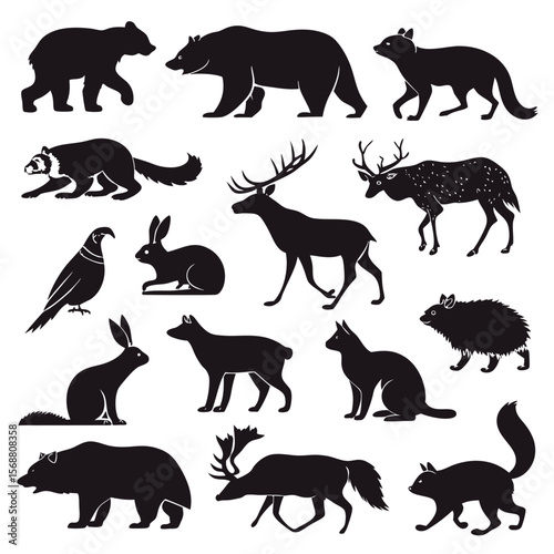 Collection of diverse north american wildlife silhouettes including bears deer rabbits a fox raccoon bird and squirrel
