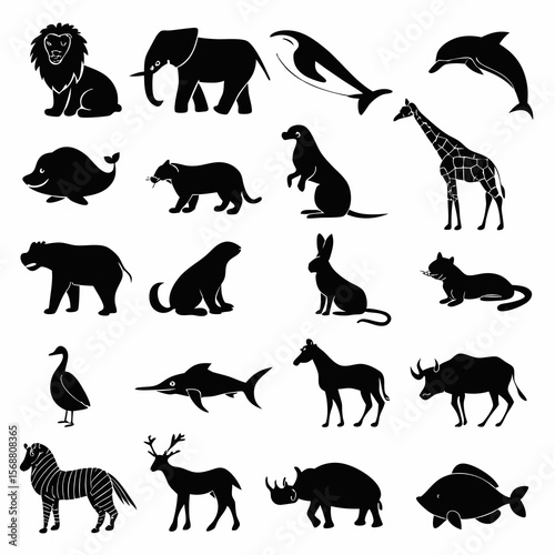 Collection of diverse animal silhouettes including mammals birds and marine life in a clean graphic design