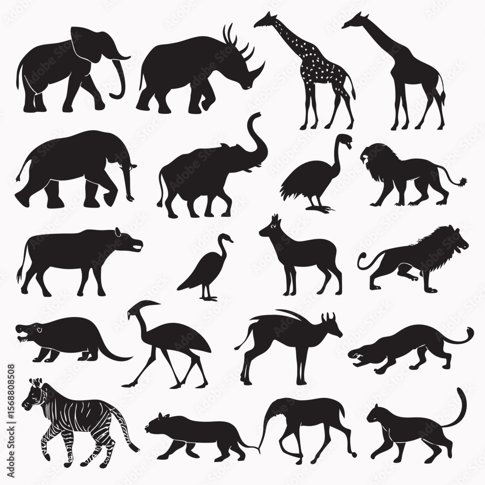 Fototapeta premium Collection of african wildlife silhouettes featuring elephants lions giraffes rhinos zebras and various birds