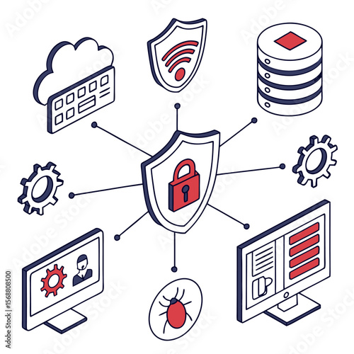 Cybersecurity concept illustration with central shield and lock connected to cloud wi fi database computers and bug icons