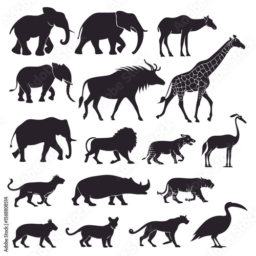 Collection of african wildlife silhouettes featuring elephants lions giraffes rhinos and other animals in a stylized pattern