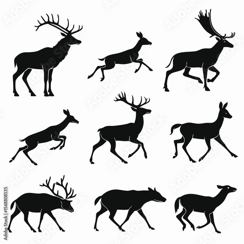 Collection of nine black silhouette deer and stags in various dynamic poses and gaits on a white background