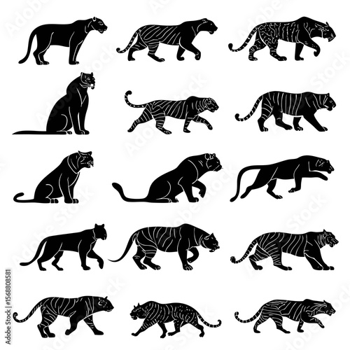 Collection of black silhouette big cats including tigers and panthers in various poses and movements