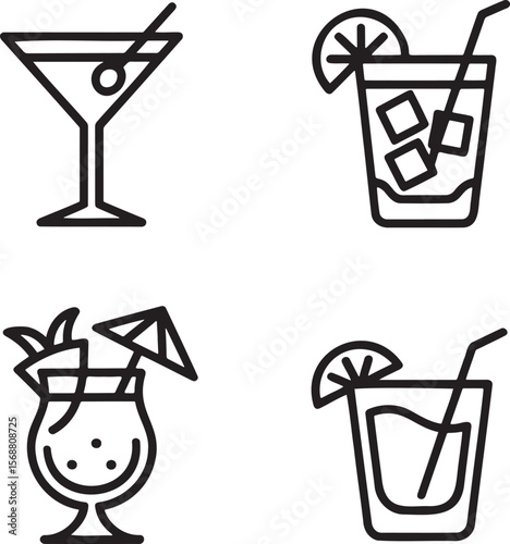 Set of Alcoholic cocktails Outline vector illustration isolated On Transparent Background