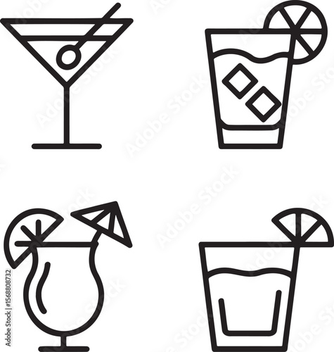 Set of Alcoholic cocktails Outline vector illustration isolated On Transparent Background
