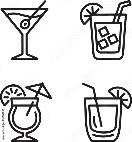 Set of Alcoholic cocktails Outline vector illustration isolated On Transparent Background