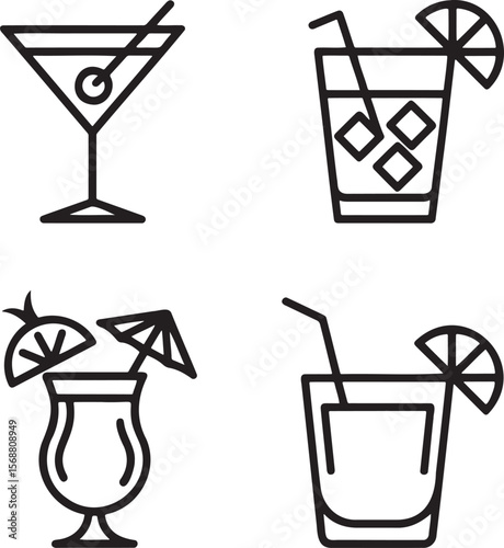 Set of Alcoholic cocktails Outline vector illustration isolated On Transparent Background