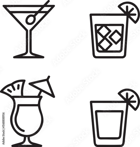 Set of Alcoholic cocktails Outline vector illustration isolated On Transparent Background