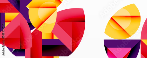 Abstract geometric shapes, vibrant colors dominate composition. Red, purple, yellow create dynamic visual impact. Modern design.