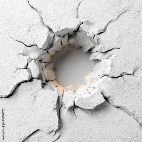 White wall with a circular hole, cracked
