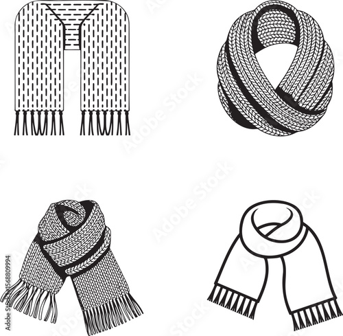 Woven Winter Scarf silhouette set vector illustration isolated On Transparent Background