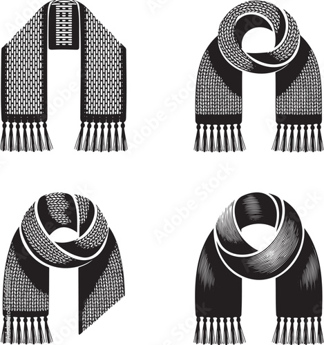 Woven Winter Scarf silhouette set vector illustration isolated On Transparent Background