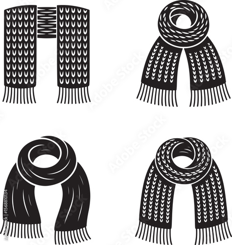 Woven Winter Scarf silhouette set vector illustration isolated On Transparent Background