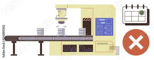 Conveyor system inspecting goods with robotic equipment, rejected product highlighted, and a calendar icon. Ideal for manufacturing, quality control, automation, deadlines, workflow, scheduling