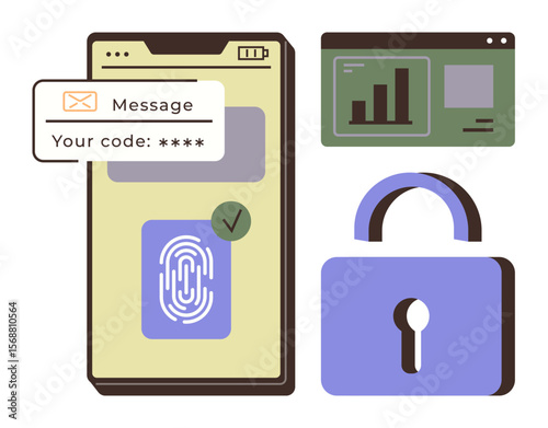 Mobile phone with fingerprint scanner, message verification code, lock, and analytics dashboard. Ideal for security, privacy, authentication, technology, online safety data protection simple