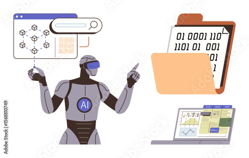 AI robot analyzing data charts, searching for patterns, and organizing binary codes within a digital folder. Ideal for data analysis, AI, automation, research, innovation, machine learning
