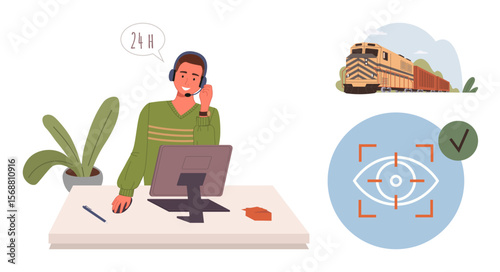 Customer support agent with headset at desk monitors freight train operation, ensures logistics accuracy, checks tracking visibility. Ideal for support service, logistics, monitoring, safety