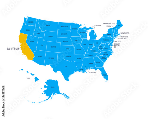 USA Map with state names, highlighted at California. Easy to edit vector