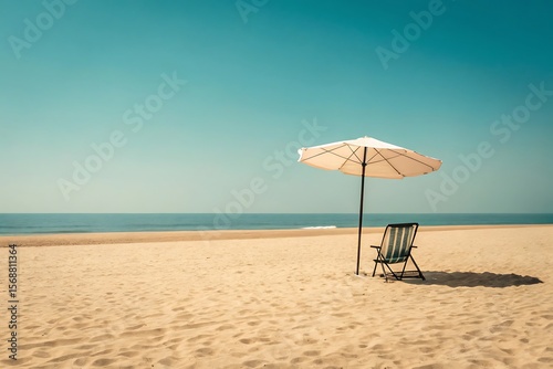 Serene beach scene with umbrella and chair sand ocean