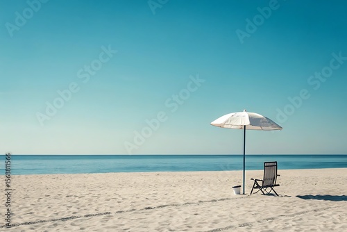 Serene beach scene with white umbrella and dark chair ocean sand