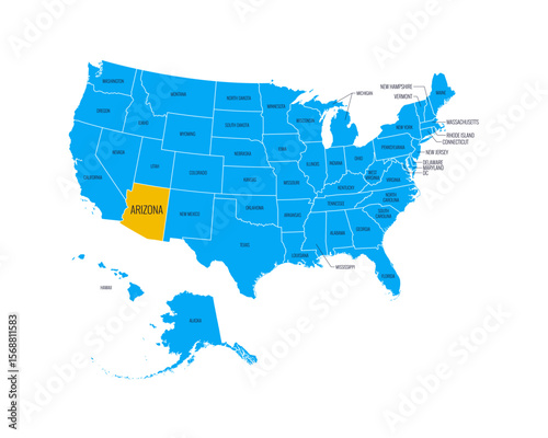 USA Map with state names, highlighted at Arizona. Easy to edit vector