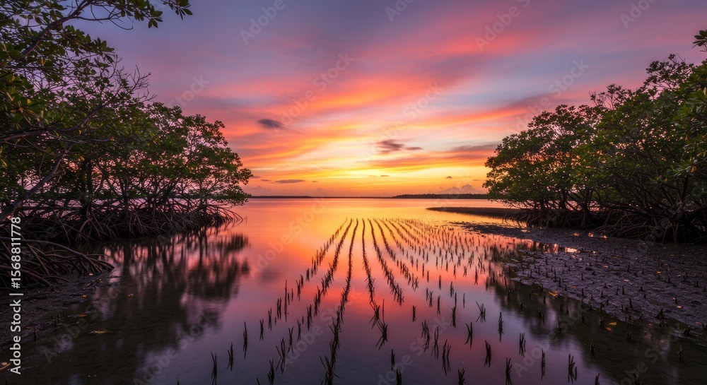 Obraz premium Beautiful Sunset Behind Mangrove Trees and Roots