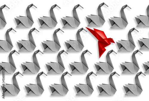 Stand Out Leader as Origami symbolizing teamwork leadership business success and being an individual game changer and disruptor disrupting the old order.
