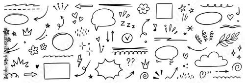 Line brush heart vector set. Hand drawn marker pen stroke star, flower, pencil arrow speech bubble cloud highlight shape icon. Cute sketch text scribble sparkle check underline. Vector illustration