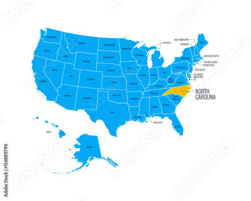 USA Map with state names, highlighted at North Carolina. Easy to edit vector