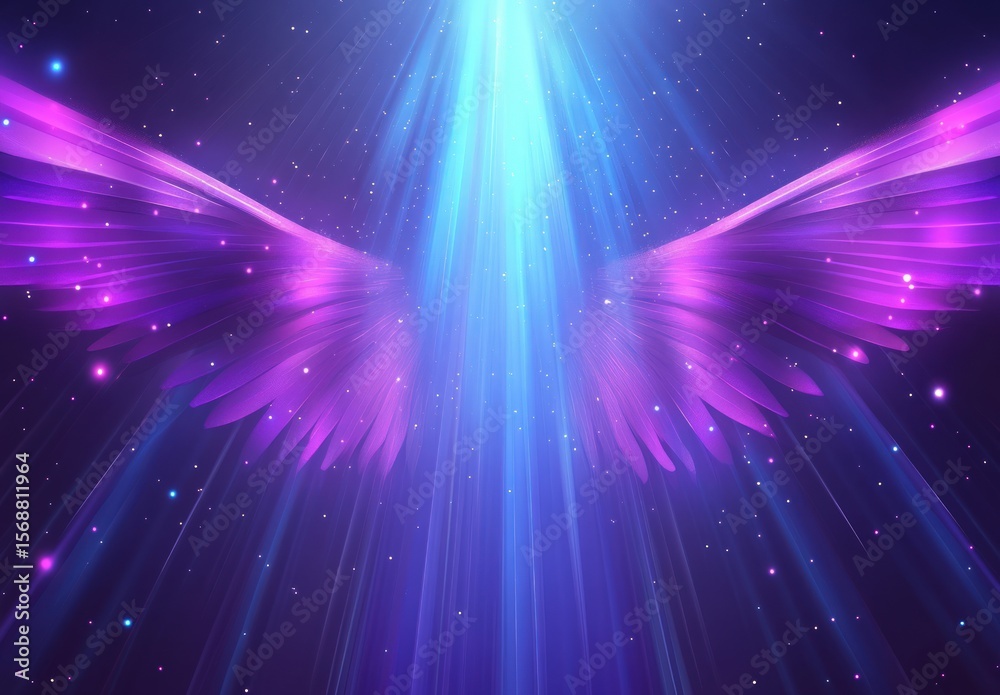 Naklejka premium Purple angel wings, glowing light