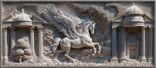 Large stone wall bas-relief mural ratio elegant frame, depicting majestic Pegasus with dynamically articulated wings soaring amidst intricately carved Roman columns, arches and domes in high relief