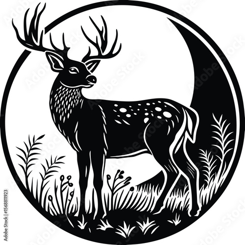 Black and White Majestic Deer Silhouette with Antlers