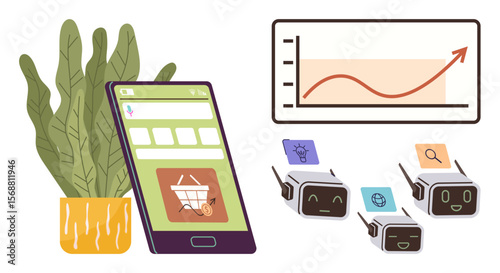 Smartphone with shopping app, chatbots with task icons, growth chart, and plant pot. Ideal for e-commerce, AI, automation, analytics online shopping business growth mobile solutions. Simple flat