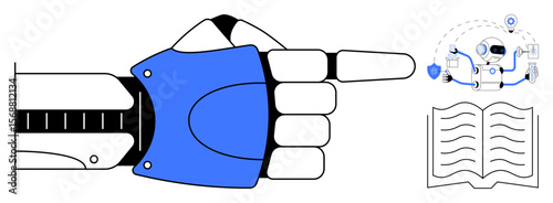 Robotic hand pointing at interconnected AI process with robot, gears, and map icon, alongside open book. Ideal for technology, education, innovation, automation, AI integration future concepts
