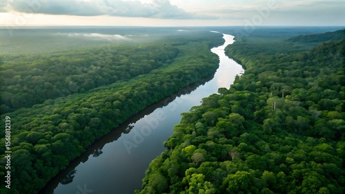 Serene jungle river winding through lush green canopy at dawn forest trees