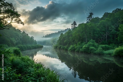 Serene River Flowing Through Lush Green Forest Under Misty Sky trees