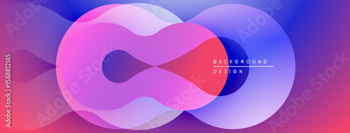 Abstract colorful shapes overlap, creating dynamic visual effect. Gradient hues blend smoothly, forming modern design.