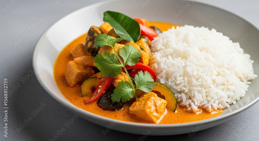 Delicious Thai Red Curry with Rice, Fresh Herbs, and Vegetables Delicious Thai Red Curry with Rice, Fresh Herbs, and Vegetables