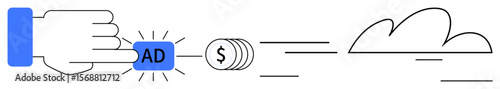 Hand pressing ad button releasing coin stacks, cloud symbolizing online growth. Ideal for marketing, business, advertising, revenue, digital platforms, efficiency innovation. Simple flat metaphor