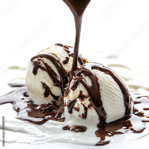 Ice cream under a stream of hot chocolate close-up, isolated, on a white background. Illustration for advertising a summer refreshing dessert.