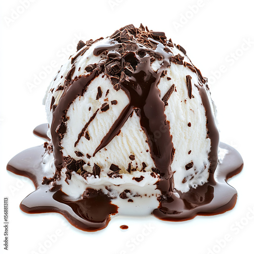Ice cream under a stream of hot chocolate close-up, isolated, on a white background. Illustration for advertising a summer refreshing dessert.