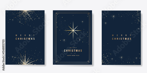 Luxury christmas and happy new year holiday cover template vector set. Gold twinkling star on navy blue background. Design for card, corporate, season's greeting, wallpaper, poster.
