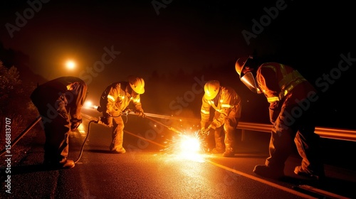 Nighttime Welding Operations by Skilled Workers on Dark Road