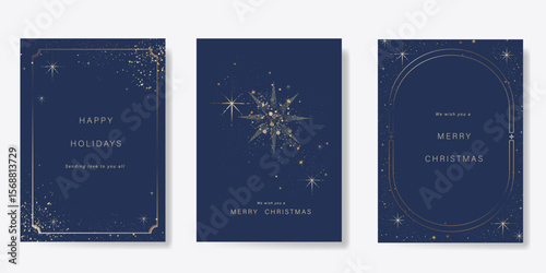 Luxury christmas and happy new year holiday cover template vector set. Gold twinkling star on navy blue background. Design for card, corporate, season's greeting, wallpaper, poster.