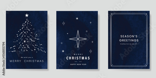 Luxury christmas and happy new year holiday cover template vector set. Gold twinkling star, christmas tree on navy blue background. Design for card, corporate, season's greeting, wallpaper, poster.