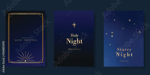 Luxury christmas and happy new year holiday cover template vector set. Gold twinkling star, meteor on navy blue background. Design for card, corporate, season's greeting, wallpaper, poster.