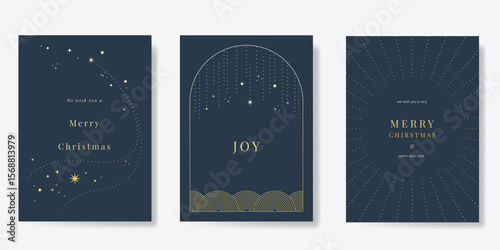 Luxury christmas and happy new year holiday cover template vector set. Gold twinkling star, dot line on gray background. Design for card, corporate, season's greeting, wallpaper, poster.