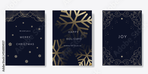 Luxury christmas and happy new year holiday cover template vector set. Gold twinkling star, snowflake, cloud on navy blue background. Design for card, corporate, season's greeting, wallpaper, poster.